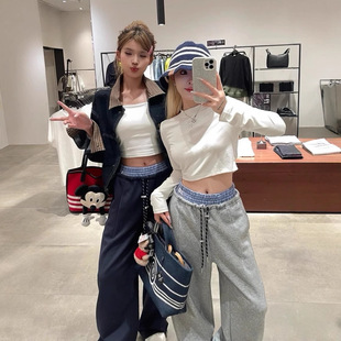 MM * home with 25 new two-color plaid double high waist sports pants fashion Joker straight girlfriends pants
