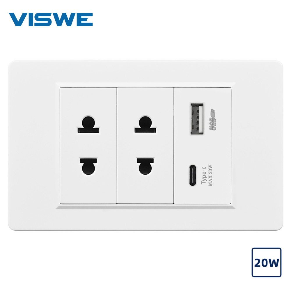 跨境嵌入式泰标118型开关插座双泰插带USB+Type-C快充白色PC