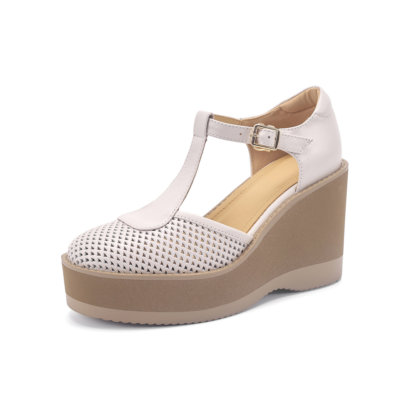 Sandal cao gót nữ đế dày 9.5 cm quai khóa chữ T phong cách tổ chim — màu trắng ngà
