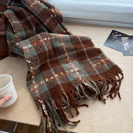 巧克力棕色氛围感焦糖咖啡格子围巾女秋冬保暖加厚流苏披肩围脖