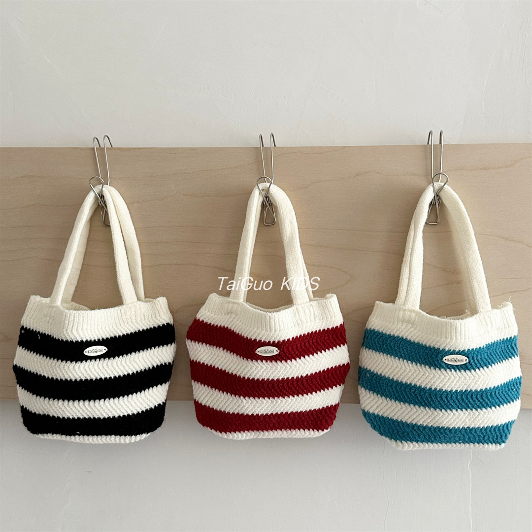 Autumn New Fashionable Striped Color-Block Knit Casual Versatile Lightweight Handbag INS-Open-Top Storage Coin Purse
