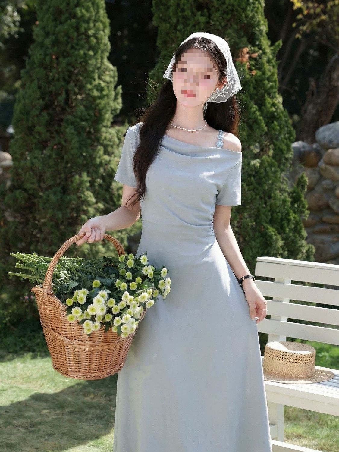 Váy đầm maxi nữ thắt eo thiết kế một chữ vai kiểu Pháp thuần màu — xanh lam, màu tím chi tiết 7