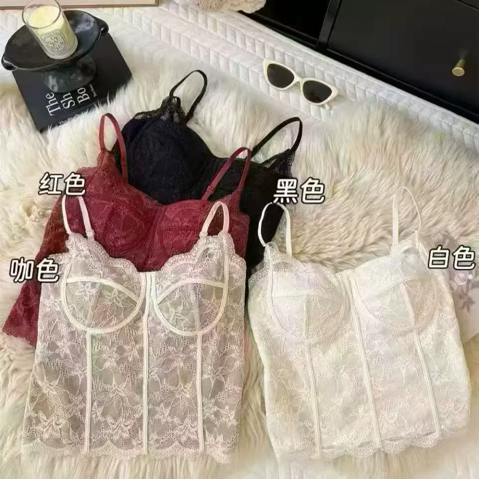 法式复古小吊带固定杯蕾丝美背文胸罩内搭长版外穿冰丝夏女士内衣