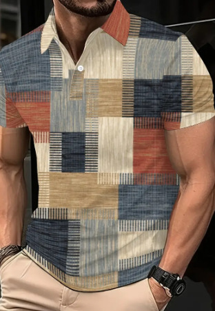 Botón de los hombres camisa polo a cuadros patrón solapa moda 3D Impresión digital moda urbana suelta casual
