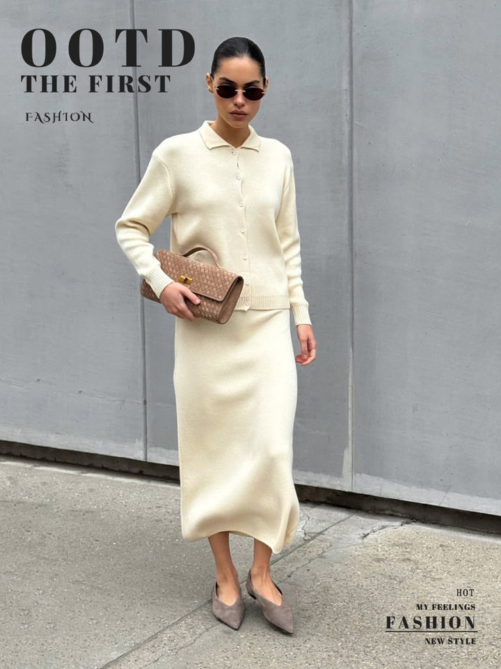 Bộ đầm len dệt kim áo khoác cardigan cổ bẻ cài nút và chân váy dài phong cách Âu Mỹ — Màu be chi tiết 1