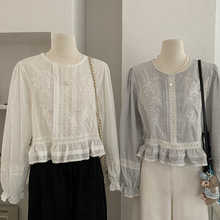 欧玛莱 拼接蕾丝花边圆领重工刺绣花朵长袖衬衫秋季复古风女 4520