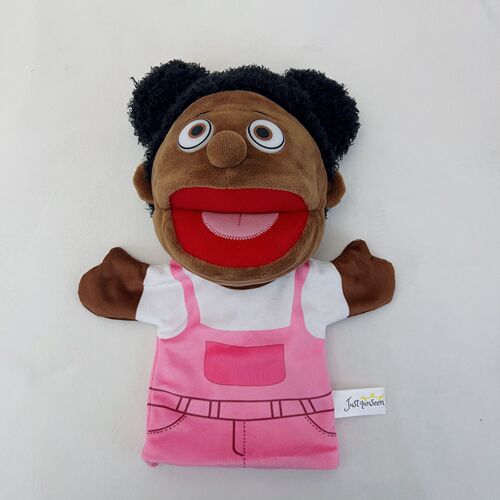 A black family finger puppet toy for kindergarten storytelling, with an interactive mouth movement plush toy.