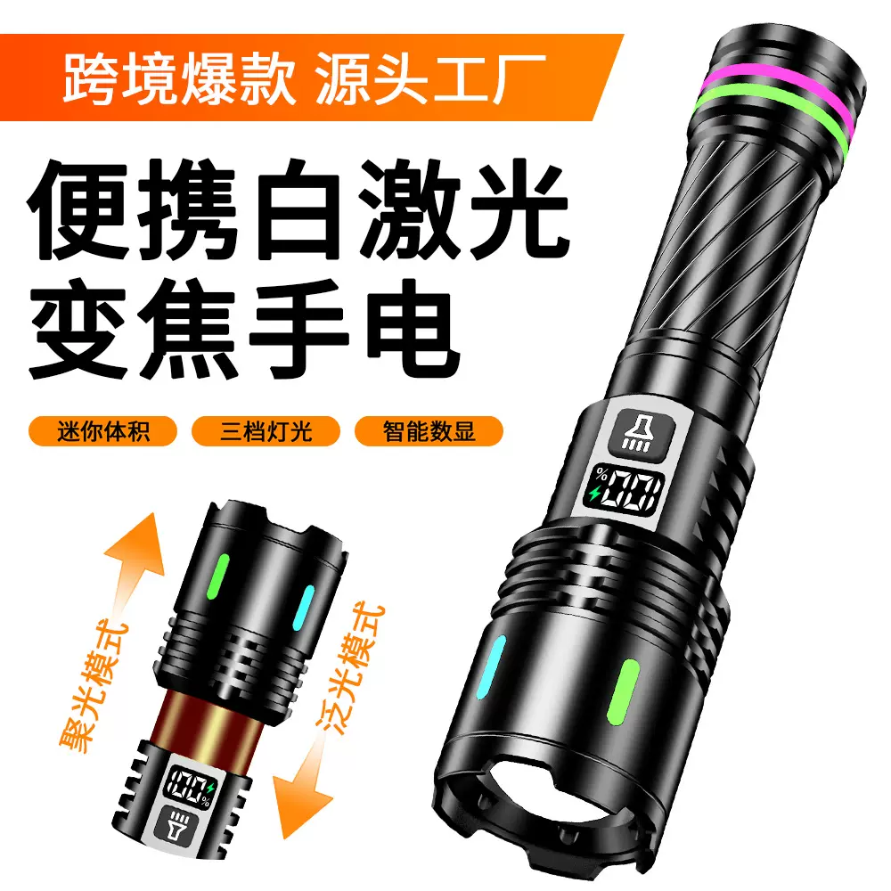 跨境新款强光手电充电户外数显炫彩便携变焦巡逻远射手电筒