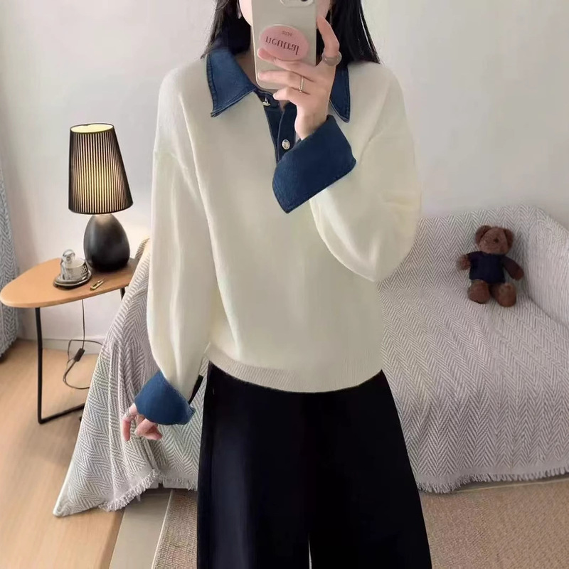 Spring and Autumn New Simple Versatile Collar Denim Patchwork Loose Elegant Polo Collar Petite Knit Lazy Style New