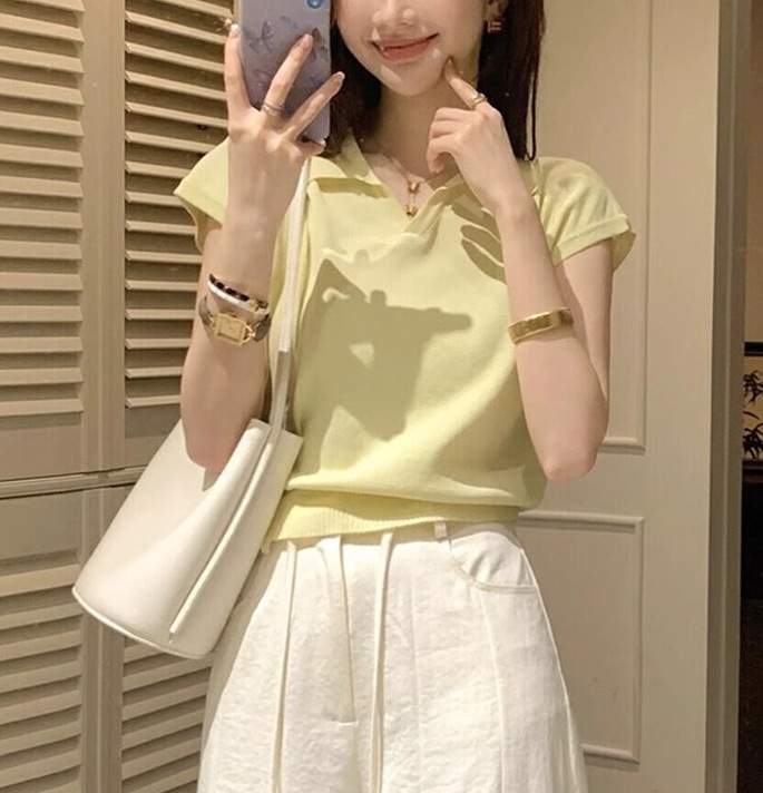 Áo polo nữ ngắn tay cổ bẻ chất liệu linen pha sợi dệt kim — màu đen chi tiết 16