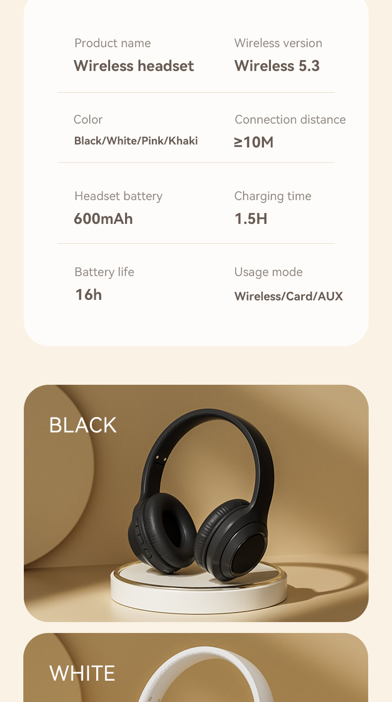 Wireless Bluetooth headset with long battery life, solid color plug-in earphones, mobile phones, Android tablets,_voghion.com