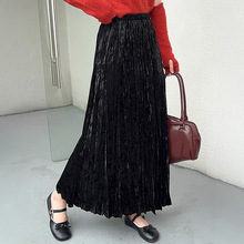 复古2025褶皱新款高腰秋冬丝绒百褶裙显瘦松紧长款半身裙长裙5017