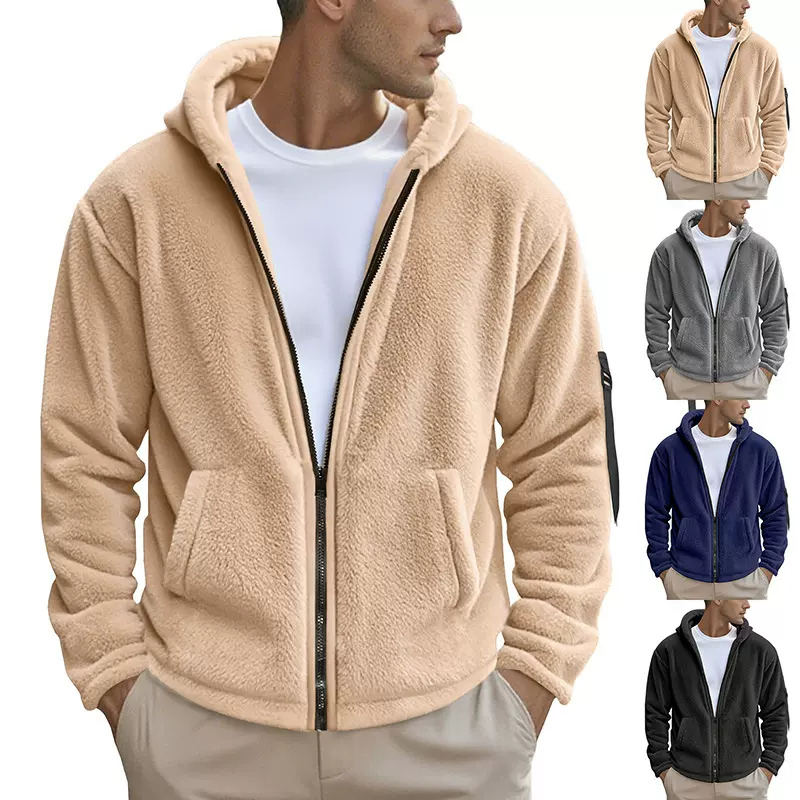 独立站跨境2023男装冬季新款双面北极绒保暖连帽拉链休闲夹克外套