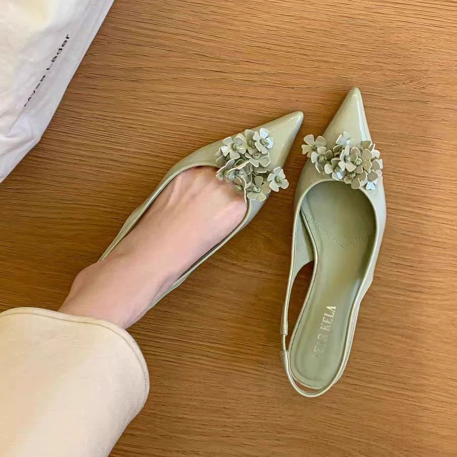 Elingstudio Весенний день зеленые цветы! Акустические туфли с острыми цветами