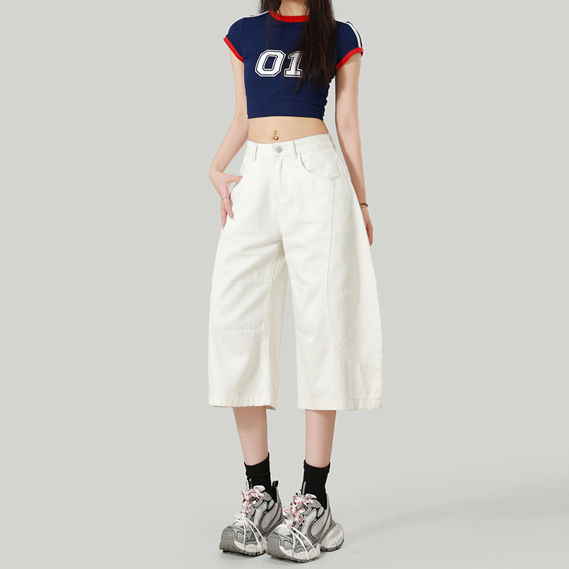 American Design White Scimitar Cropped Jeans for Women Summer Loose Straight Wide Leg Sickle Pants American Design White Scimitar Cropped Jeans for Women Summer Loose Straight Wide Leg Sickle Pants