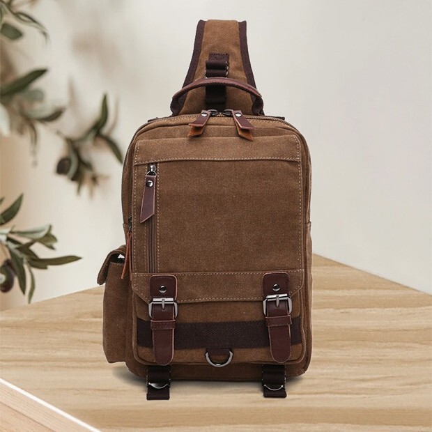 Men's Chest Bag Leather Bag Canvas Shoulder Crossbody Bag 2025 Spring Urban Simple Lightweight Wear-Resistant 8inch