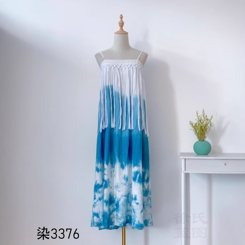 Dali Traditional Handmade Tie-dyed Ethnic Style dress Summer Casual Holiday Blue Dye Loose Tassel Slip Skirt Dali Traditional Handmade Tie-dyed Ethnic Style dress Summer Casual Holiday Blue Dye Loose Tassel Slip Skirt