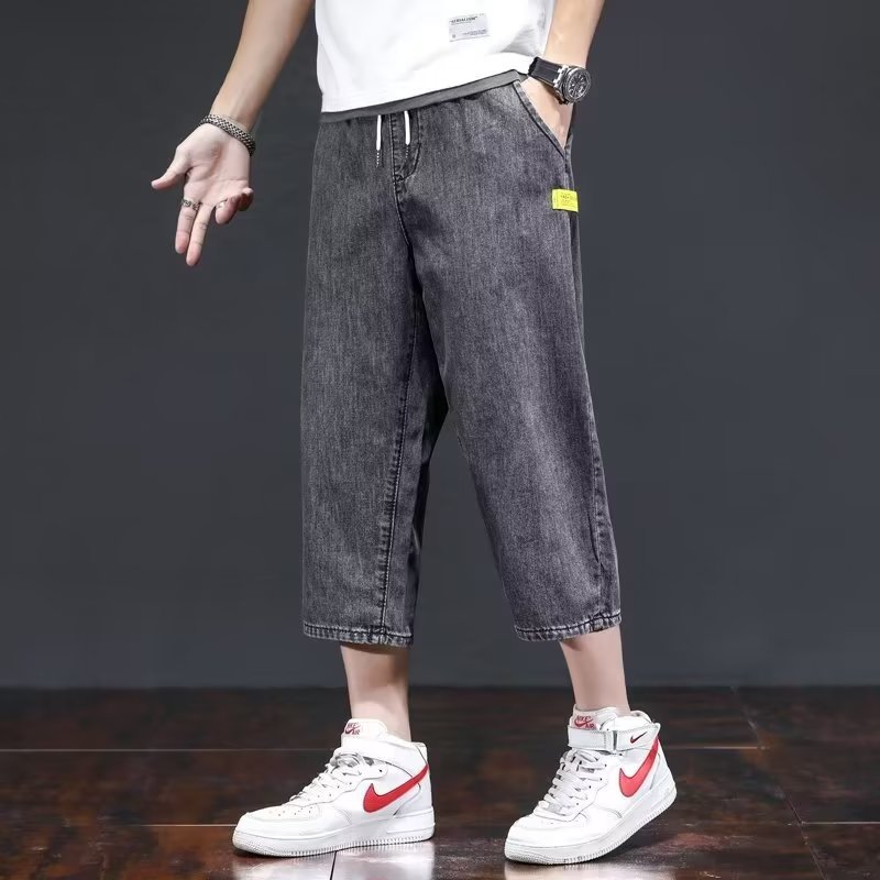 Nueva tendencia de mezclilla de verano para hombres, pantalones cortos de talla grande y rectos sueltos, marca de moda para hombres, pantalones medios de 7 puntos, estilo fino de verano