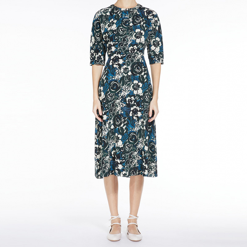 Spring Max2024 New Silk Rose Printed Dress High-end French Slim-fit Puff Sleeve Dress
