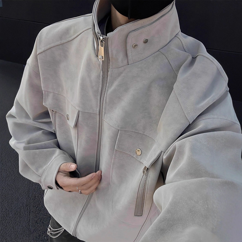 Matte Pu Leather Jacket Men's Spring and Autum High-End Handsome Workwear Stand-Up Collar Jacket American Retro Bomber Jacket