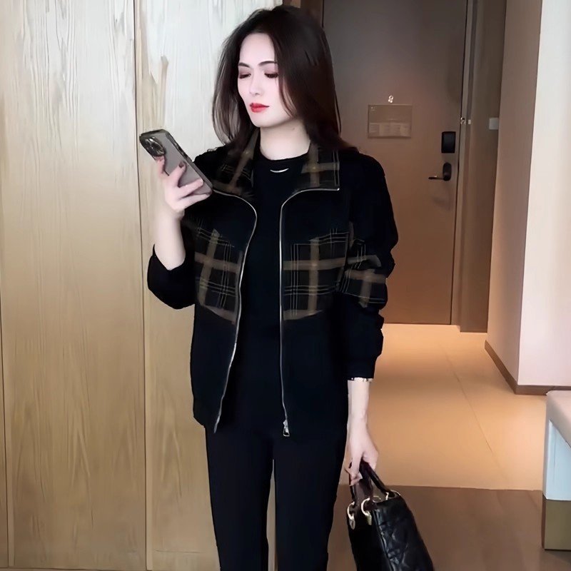 长袖印花短外套女2025秋冬新款时髦洋气拼接上衣休闲加绒夹克开衫|undefined