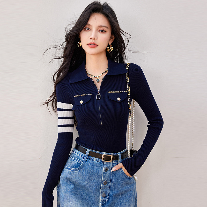 Spring and Autumn New Slim-Fit Knit Sweater for Women, Long-Sleeve Polo Collar, Spliced Stripes, Slimming Base Top, Trendy Spring and Autumn New Slim-Fit Knit Sweater for Women, Long-Sleeve Polo Collar, Spliced Stripes, Slimming Base Top, Trendy