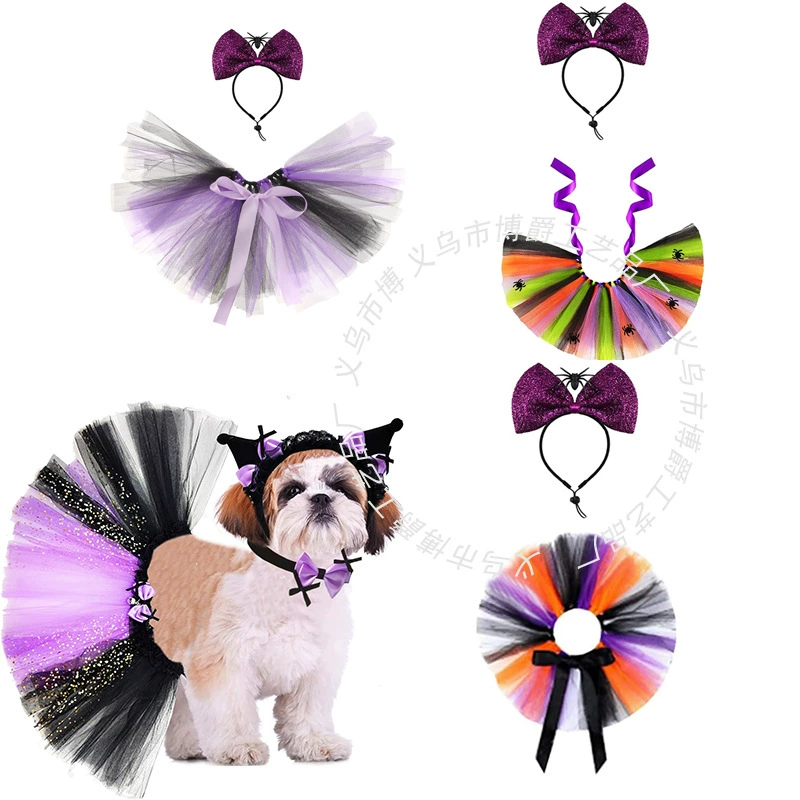 Черно-оранжевая сетчатая юбка с бантом и головным убором для костюмированной вечеринки на Хэллоуин для собак и кошек