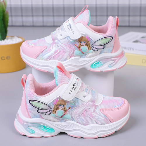 儿童运动鞋女童时尚天使翅膀小学生跑步软底魔术贴粉色春秋公主鞋