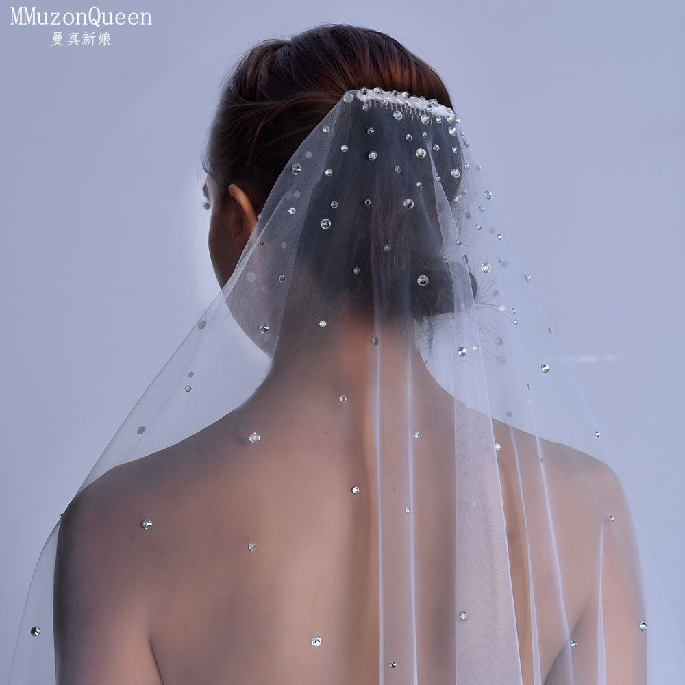 Manzhen Korean Veil Bridal Jewelry Wedding Shiny Rhinestone Veil Encrypted Hot Diamond Single Layer with Hair Comb M31