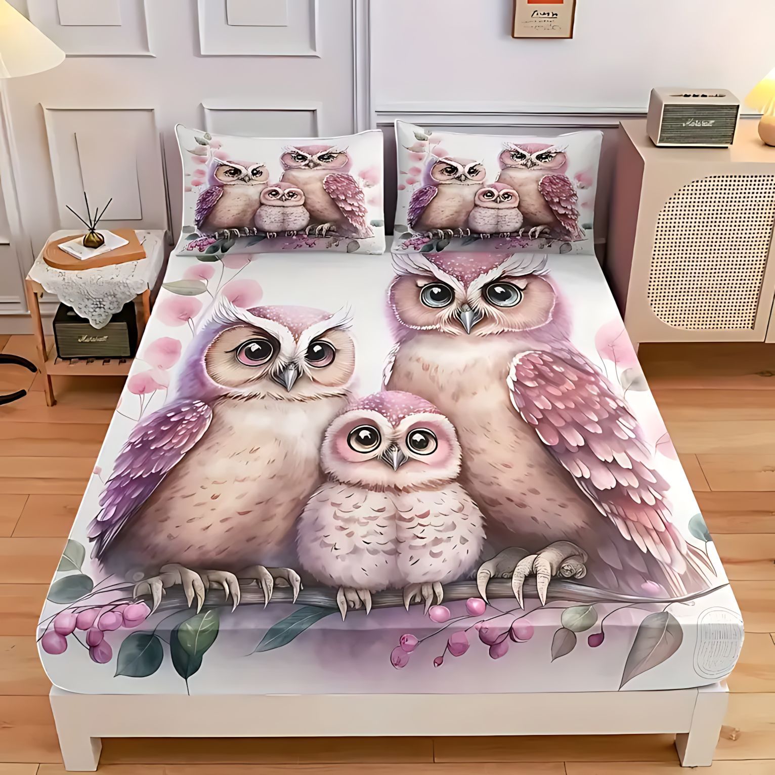 TEMU / JIT textil casero transfronterizo lindo tema búho molido 3D impresión digital cama Kasa Kit fuente fabricante