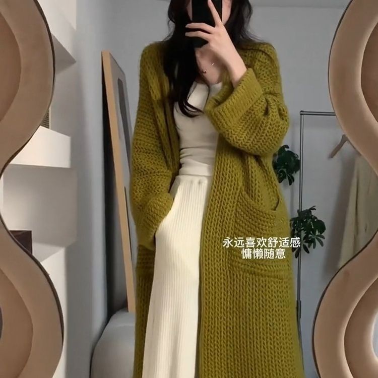 中长款粗棒针针织毛衣软糯开衫外套新款女秋冬宽松慵懒风外搭上衣|undefined