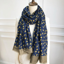 新款黄蓝碎花棉麻围巾女韩版春秋百搭长款文艺复古冬季保暖披肩