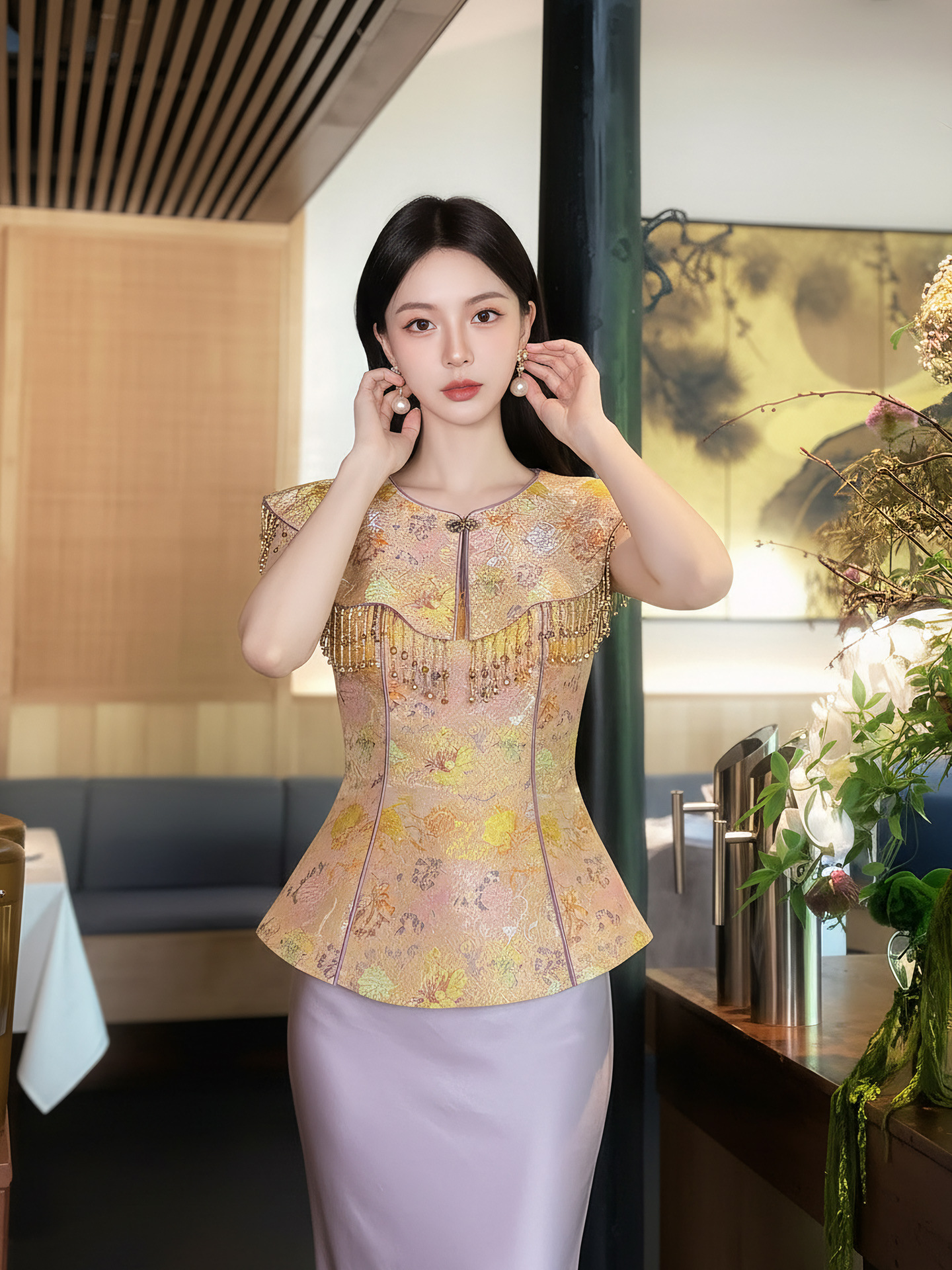 Bộ áo khoác gile và chân váy xếp ly phong cách Tân Trung Hoa, tay áo đính hạt và tua rua — bộ đồ, Màu tím nửa váy, Áo khoác vàng