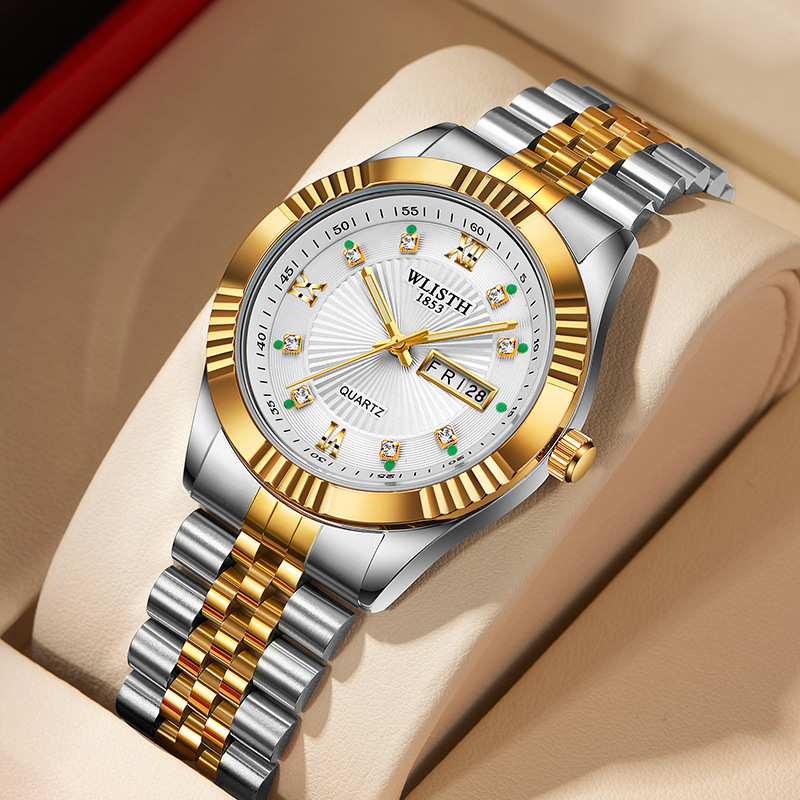 WALIS Couple's Watch Fashion Temperament Men's Watch Luminous Double Calendar Solid Steel Band Quartz Watch Women's Watch