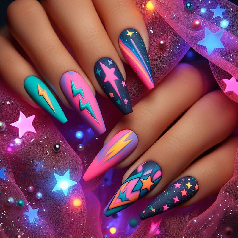 Long Ballet-shaped Fake Nail Mixed Color Lightning and Five-pointed Star Cartoon Pattern Gradient European and American Ins Style