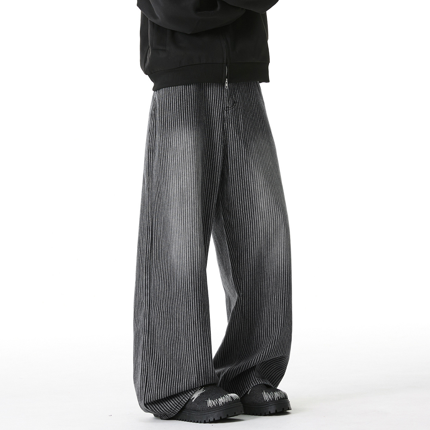 复古竖条纹水洗做旧牛仔裤男秋季款潮牌宽松直筒裤廓形百搭长裤子