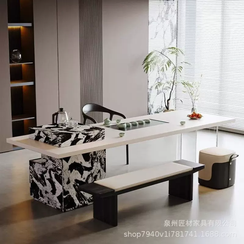 意式极简岛台茶桌客厅办公室白色实木茶台泡茶一体高级感泡茶桌椅