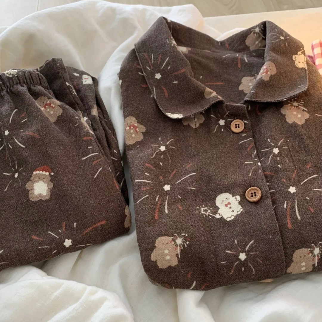 Warm Couple Pajamas for Women, Autumn and Winter German Velvet Thickeneded Home Clothes, Men's Brushed Thin Velvet Cartoon Print Set