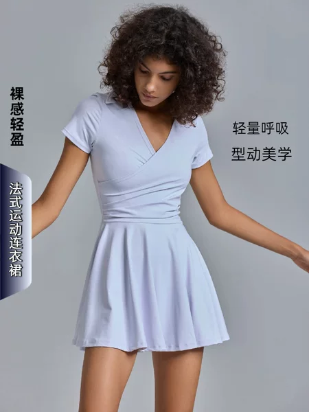 Tennis Dress French-Style Polo Short-Sleeve Badminton Sports Dress Outdoor Golf V-Neck Yoga Long Dress with a Lightweight Feel