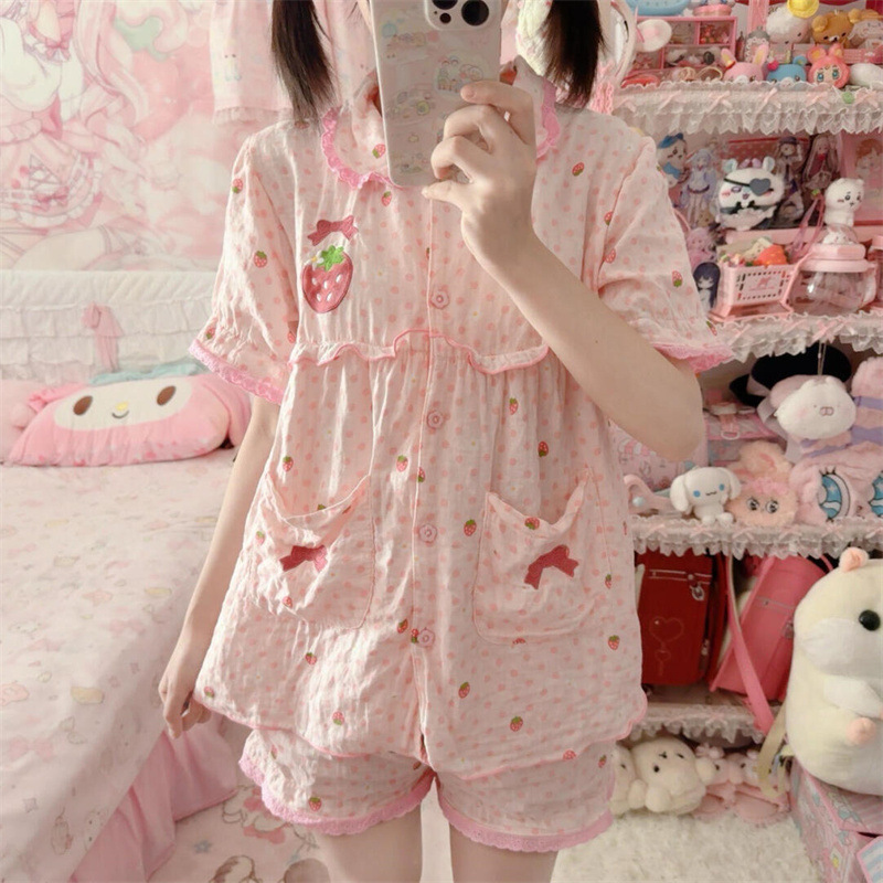 Ins-Style Cute Polka Dot Strawberry Pajamas for Women, Summer Short-Sleeved Shorts Set with Doll Collar, Can Be Worn Outside as Loungewear Ins-Style Cute Polka Dot Strawberry Pajamas for Women, Summer Short-Sleeved Shorts Set with Doll Collar, Can Be Worn Outside as Loungewear