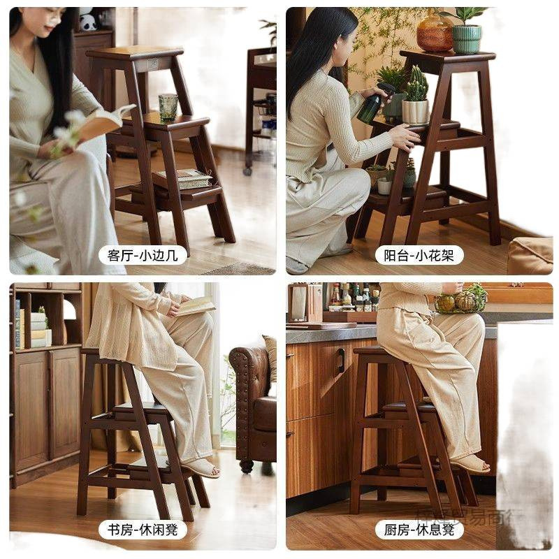 实木梯凳家用梯子多功能折叠梯登高楼梯凳子两用置物架爬梯三步梯|undefined