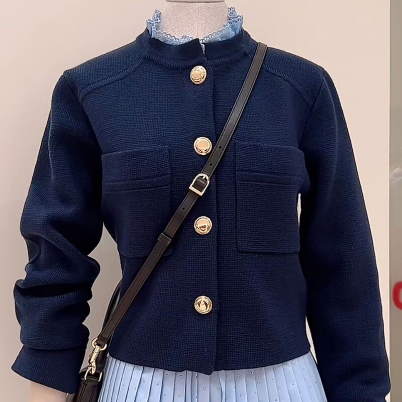 2025 New S Family Early Autumn Women's French Style Splicing Fungus Lace Collar Dark Blue Long-Sleeved Knitted Cardigan