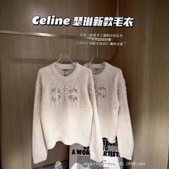 ce24秋冬新款慵懒感立体钩花水钻针织套头毛衣