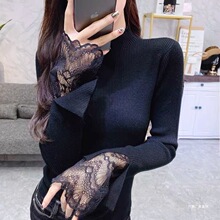 性感蕾丝拼接半高领长袖加厚针织上衣女秋冬2025新款打底内搭毛衣