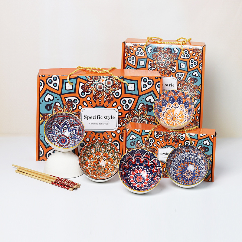 Bohemian bowl and chopsticks suit gift Bowl opening gift wedding return company activity gift porcelain bowl hand gift