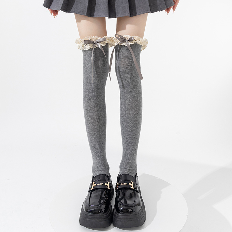 Botas de algodón sobre la rodilla calcetines de mujer Lolita encaje arco puro de la juventud floppy leche blanco ballet calcetines muslos
