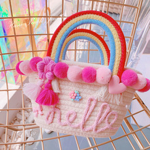 HD5316A22韩系彩色毛球网红泡芙花朵甜美手提彩虹包草编沙滩包包