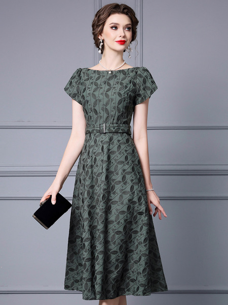 Zhili Summer One line Neck Dress, Light Mature Luxury and Elegant Charm Belt, Waistband, Leaf Embroidery, A-line Large S