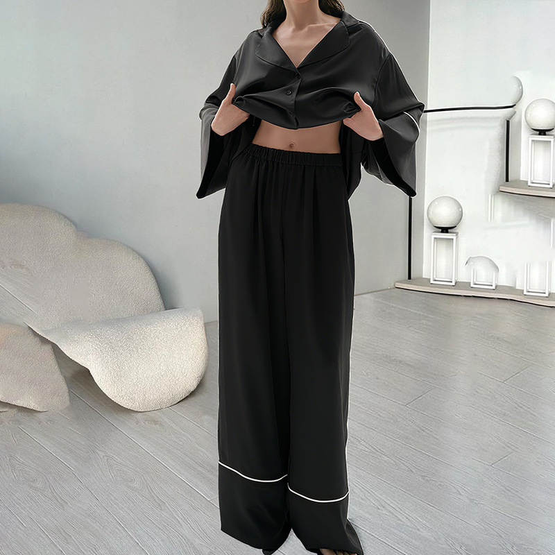 秋季新品宽松锻面拼接上衣长裤睡衣套装宽松冰丝女式家居服欧美风|undefined