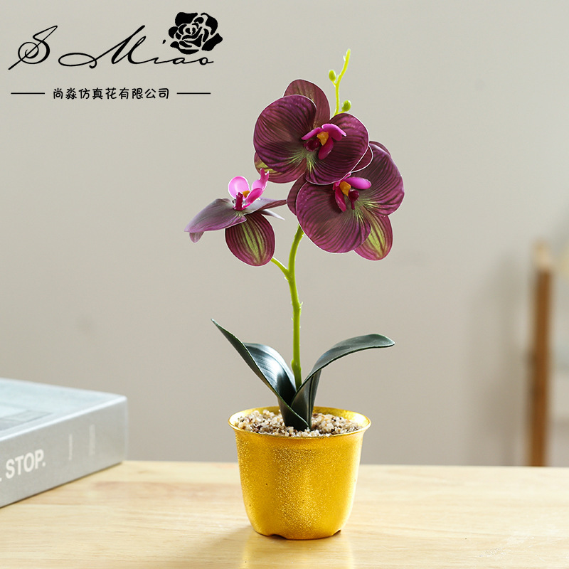 Orquídea de mariposa de tres cabezas de flores falsas bonsai estilo nórdico decoración interior flores artificiales imitación de maceta image 8